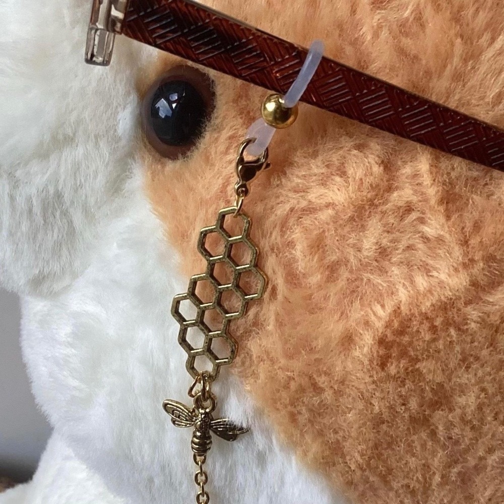 Honeycomb Bee Eyeglass Chain Whimsical Readers Holder Gold or Silver 27" Long - Picture 10 of 10